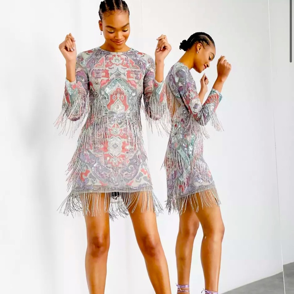Abstract Bead and Embroidered Mini Dress with Fringe